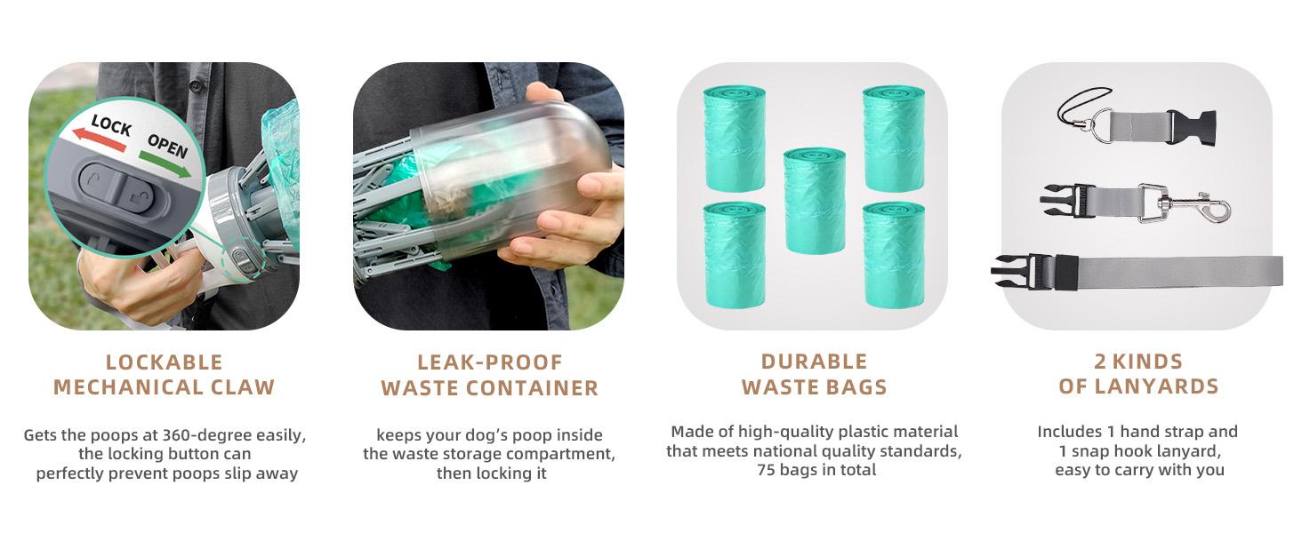 Portable Dog Pooper Scooper, 2-in-1 No Touch Handheld Claw with Bag Dispenser, Lightweight Waste Cleaner for Grass, Concrete Surfaces Outdoor