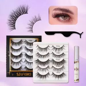 SJ LASHES 5 Pairs 3D Faux Mink False Eyelashes Kit – 5 Styles Reusable Wispy Natural Lashes with Glue & Tweezers