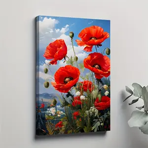 1 piece of oil painting on canvas featuring poppies - modern farmhouse style wall decor with solid wood frame, gradient poppy ink print, suitable for living room, dining room, and office decoration - wooden frame, 2D flat design, perfect for enhancing the