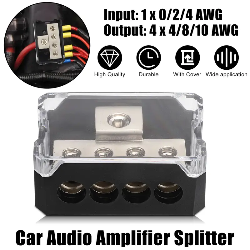 4-Way Car Amplifier Power Distribution Block - 0/2/4 Gauge Input, 4/8/10 Gauge Output, Ground Splitter for Car Audio System, Automotive Stereo Wiring