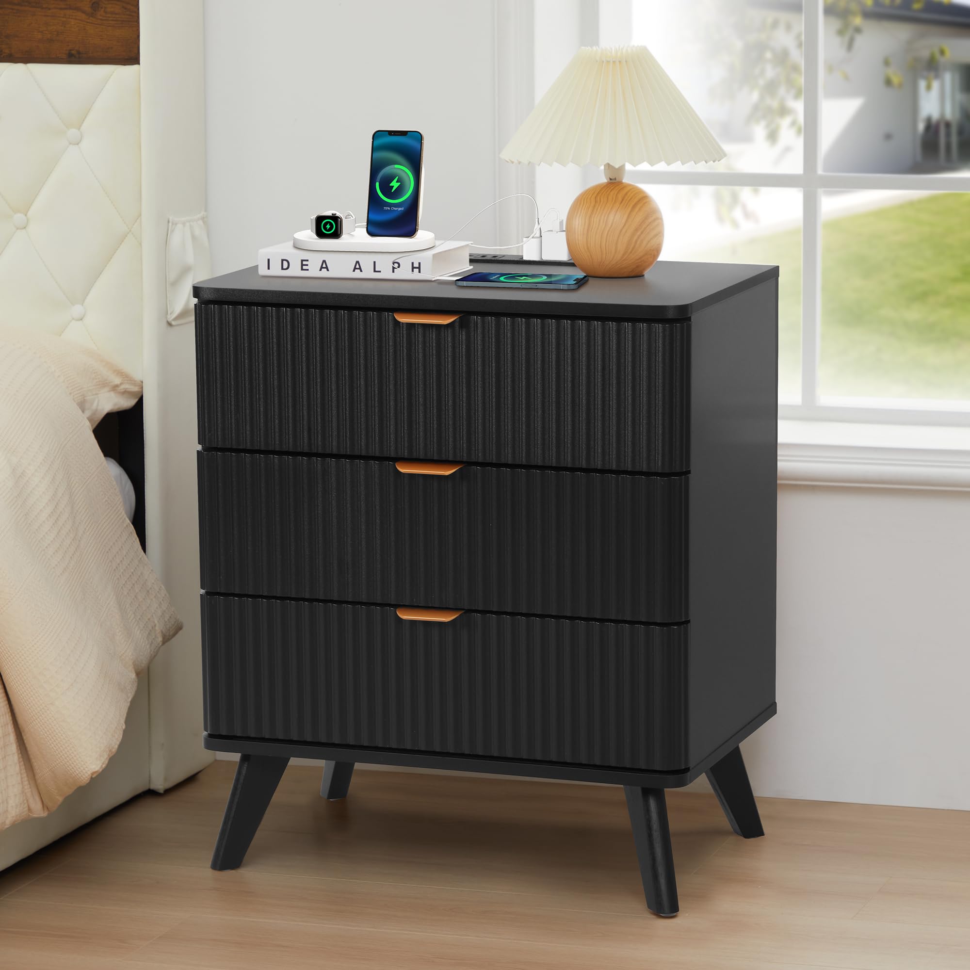 Giratree  3 Drawer Farmhouse Nightstand Set of 2 with Charging Station, Mid Century Modern Wide Nightstand with Drawers, Fluted Nightstand Dresser for Bedroom Bedside Table, Living Room End Table with Storage