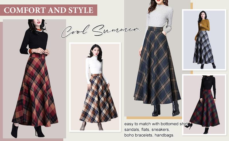【New Arrival】Ebossy Women's Vintage High Waist Wool Blend Plaid A-Line Long Maxi Skirt with Pocket Bottoms Womenswear