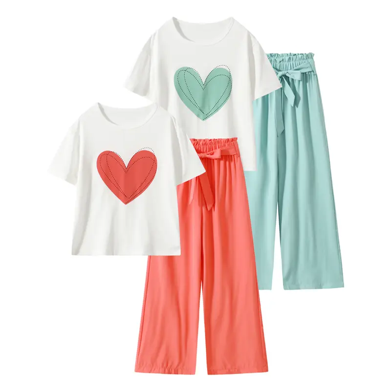 #SummerVibes 4-piece girls' summer leisure suit 3-12-year-old children's printed short-sleeved tops casual fashion jogging pants girls' summer clothes Shirts
