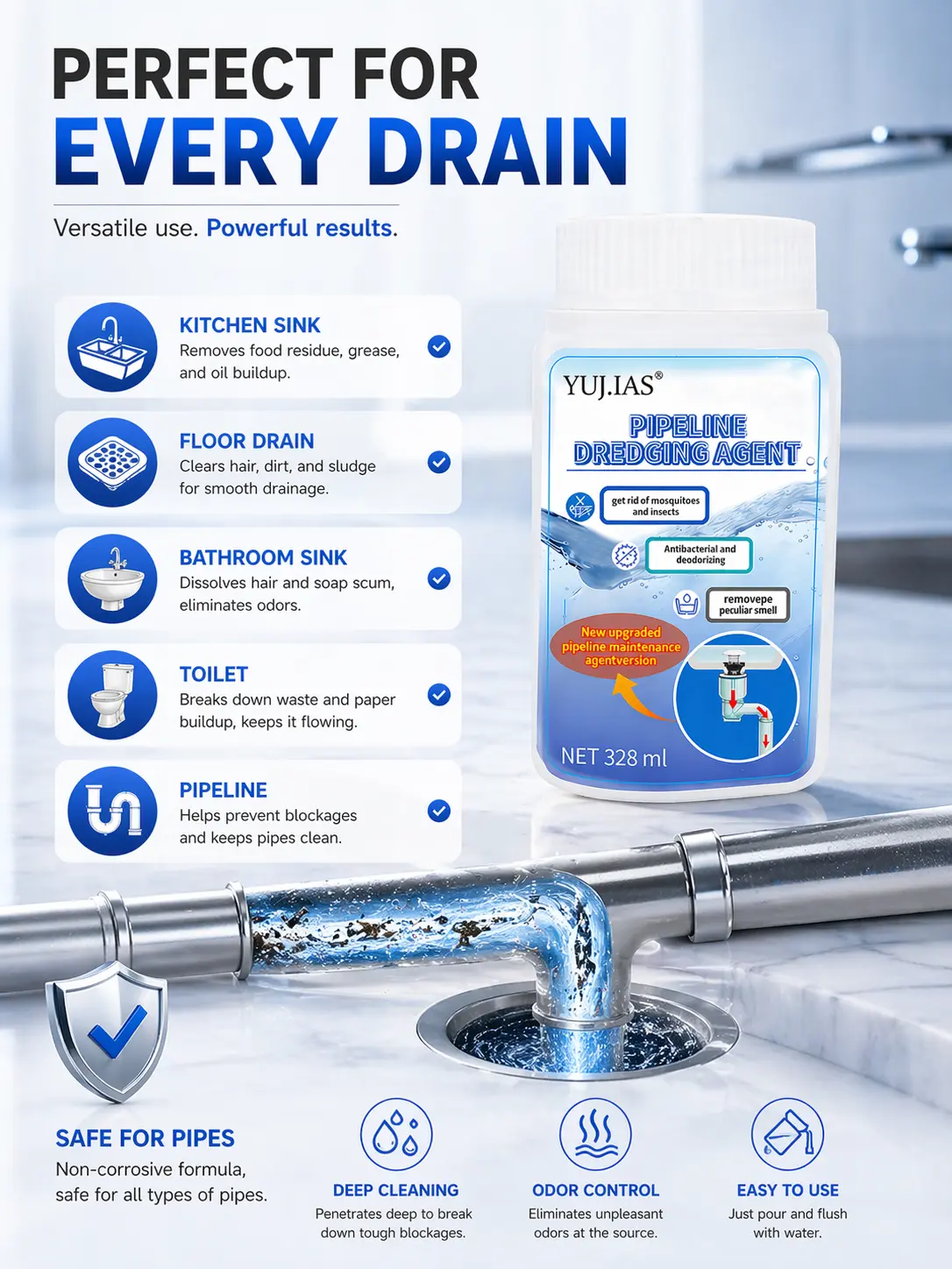 YUJIAS Drain Cleaner for Kitchen Sink, Bathroom & Toilet | Fast-Acting Powder Formula for Odor, Grease & Minor Clogs | 328ml