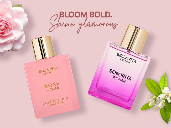 BellaVita Luxury Women’s Perfume Combo | Rose & Senorita | EDP for Women | Long-Lasting Floral, Fruity & Woody Fragrances | Jasmine, Peach, Amber, Yuzu, Peony & Mahogany | Cruelty Free Premium Perfume Set