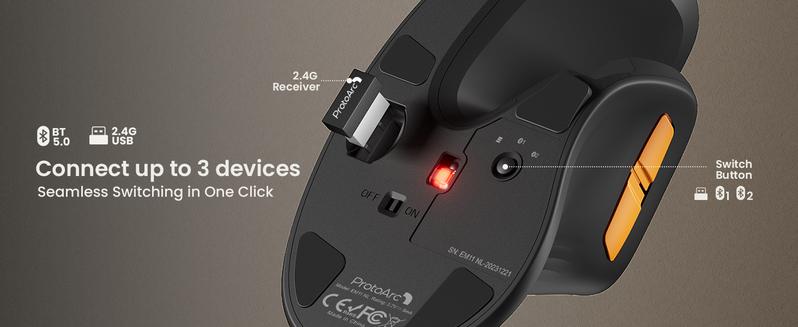 ProtoArc Ergonomic Mouse, EM11 NL Bluetooth Rechargeable Wireless Vertical Mouse, 3 Multi-Device Connectivity for Computer/PC/Laptop, 2.4GHz Optical Mice for Windows, Mac OS