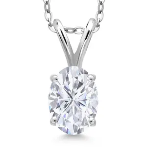 925 Sterling Silver Pendant with Chain Oval White Moissanite (0.90 Cttw)