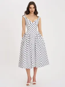 Rahma Polka Dot Drop Waist Midi Cotton Poplin Dress