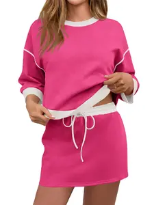 Tankaneo Womens Skirt Set 2 Piece Outfits Casual Sweatshirt Skort Set 3/4 Sleeve Color Block Matching Lounge Sets