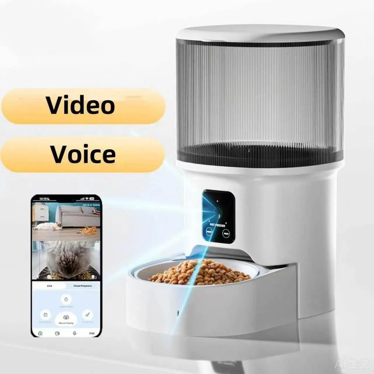 Smart Automatic Pet Food Feeder with Camera - HD Video, APP Remote Control, Timed Feed, Remote Voice Control, Portion Dispenser for Cats, Dogs, Busy Home Owners, Food Feeders