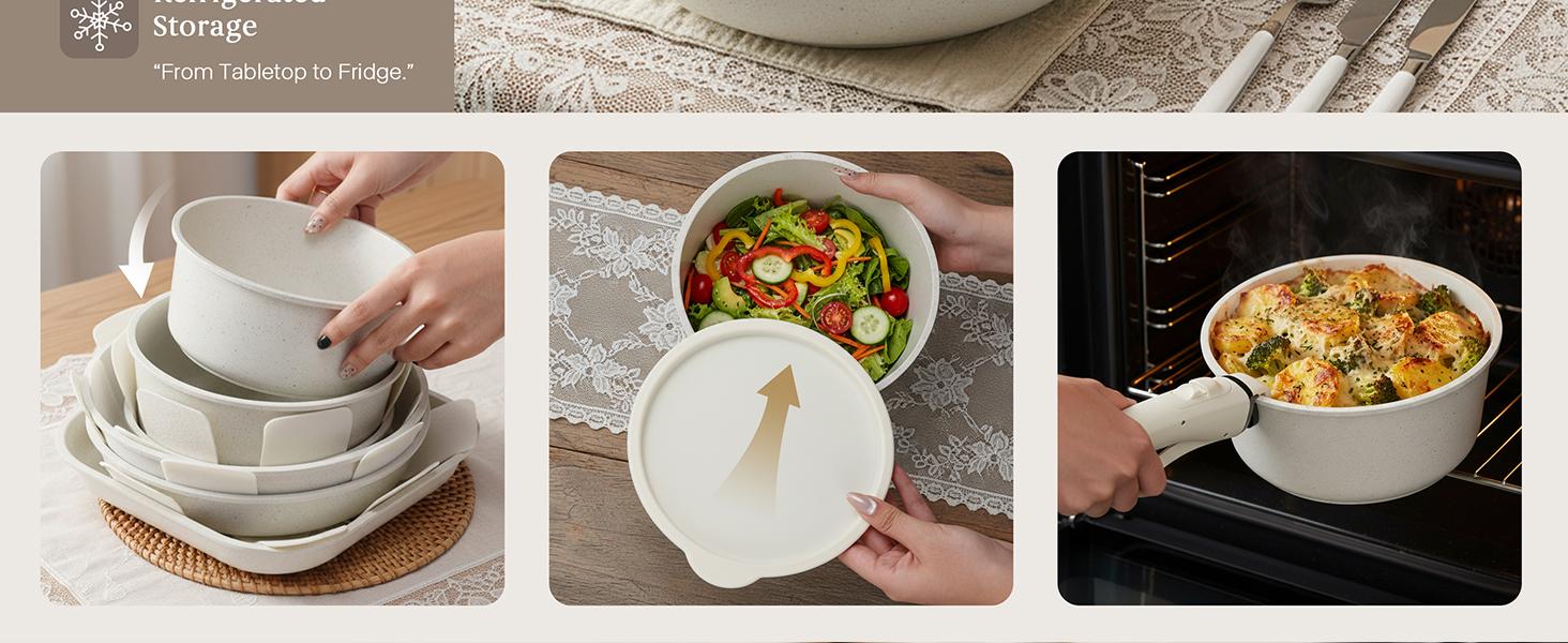 USELUCK 20-Piece Non-Stick Cookware Set with Detachable Handles, Stackable Pots & Pans, Oven Safe, Healthy RV Set with Induction Lids, Silicone Turner, Ladle, Tongs, Glass Lids