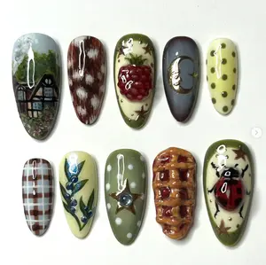 Cottagecore Press On Nails | 3D Strawberry & Ladybug Fake Nails | Picnic Aesthetic Foodie Nails | Handmade Red Gingham & Waffle Nails | Unique Glue On Nails