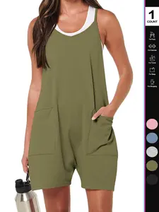 Women’s Casual Loose-Fit Jumpsuit: V-neck, Sleeveless, Shorts-Style Jumpsuit with Adjustable Elastic Straps, Belt, and Pockets #SpringSummerTrends