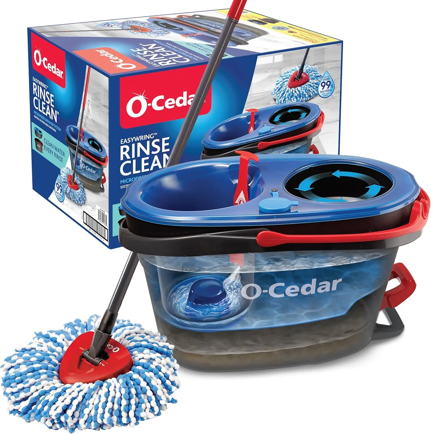 O-Cedar RinseClean Spin Mop & Bucket with Clean Water Removes 99% of Bacteria Safe for All Hard Floors Microfiber Heads Machine Washable