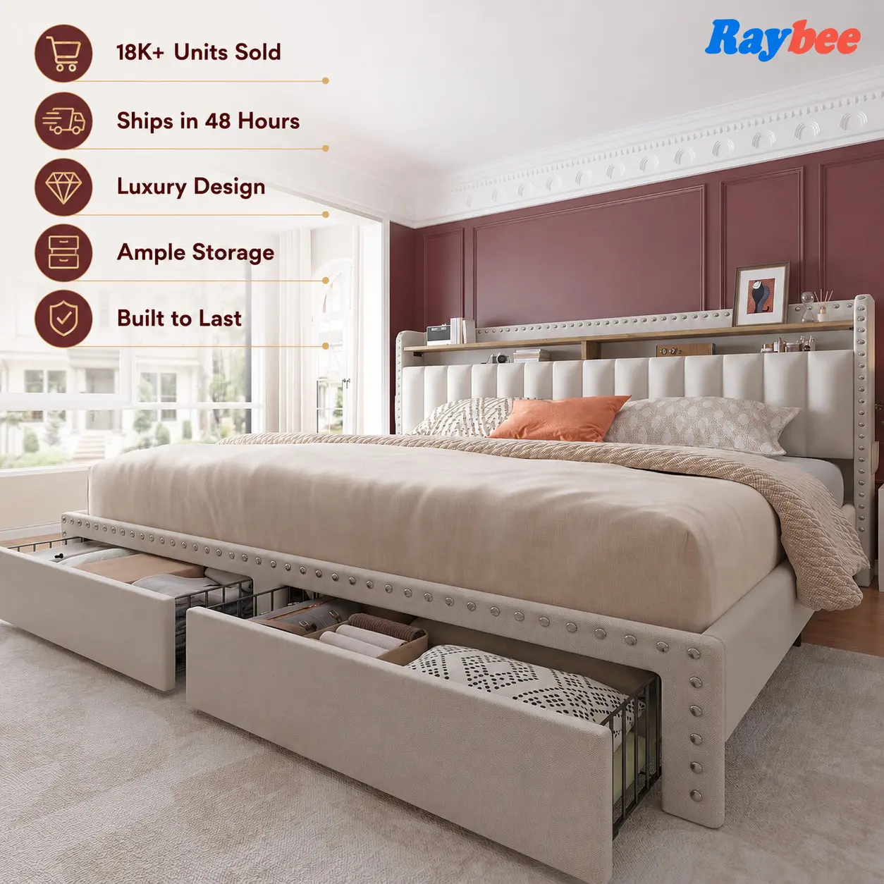 RaybeeFurniture Bed frame for Queen with 2 Storage Drawer & 48" Tall Upholstered Neilhead Tufted Bookcase Headboard, NO Noise, Modern Platform Bed for KING, FULL Bedroom Apartment Dorms Compact Space,  Metal Frame Capacity 900 LBS #tiktokshopsummersale