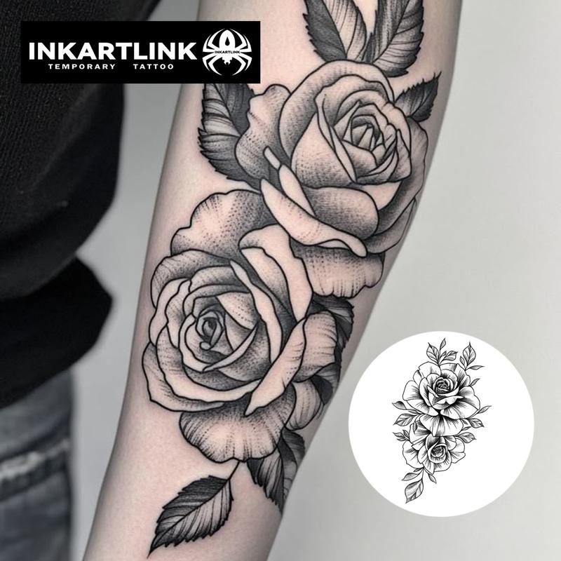 INKARTLINK Tattoo Tech, 2 Sheets Semi-Permanent Temporary Tattoos ,Rose 2,Adult Art Design,Lasts 1-2 Weeks, Waterproof, Realistic Look, No Adhesive, No Reflection,For Man And Woman,Ideal for Swimming, Party