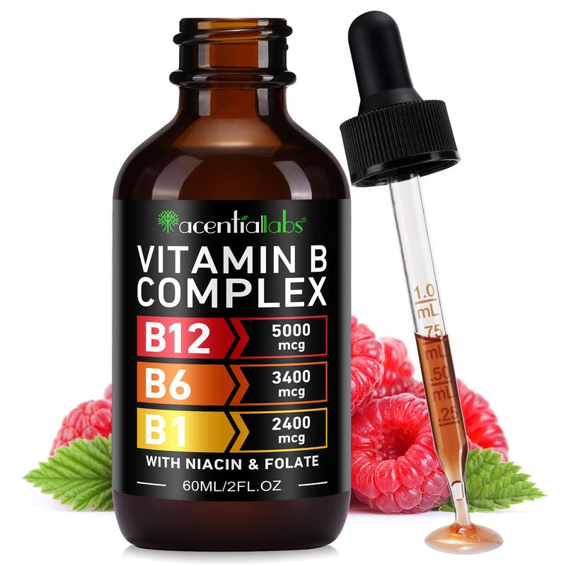 acentiallabs Vitamin B12 Liquid Drops, B12 Sublingual 5000 mcg, Vitamin B Complex with Vitamin B6,B Complex Liquid Drops - 60ml Supplement Dietary Nutrition Healthcare Edible Fitness Optimum