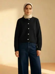 Women's Solid Color Buttoned Knit, Plain Button Cardigan Modest Long Sleeve V-Neck for Islamic Outerwear and Women's Clothing