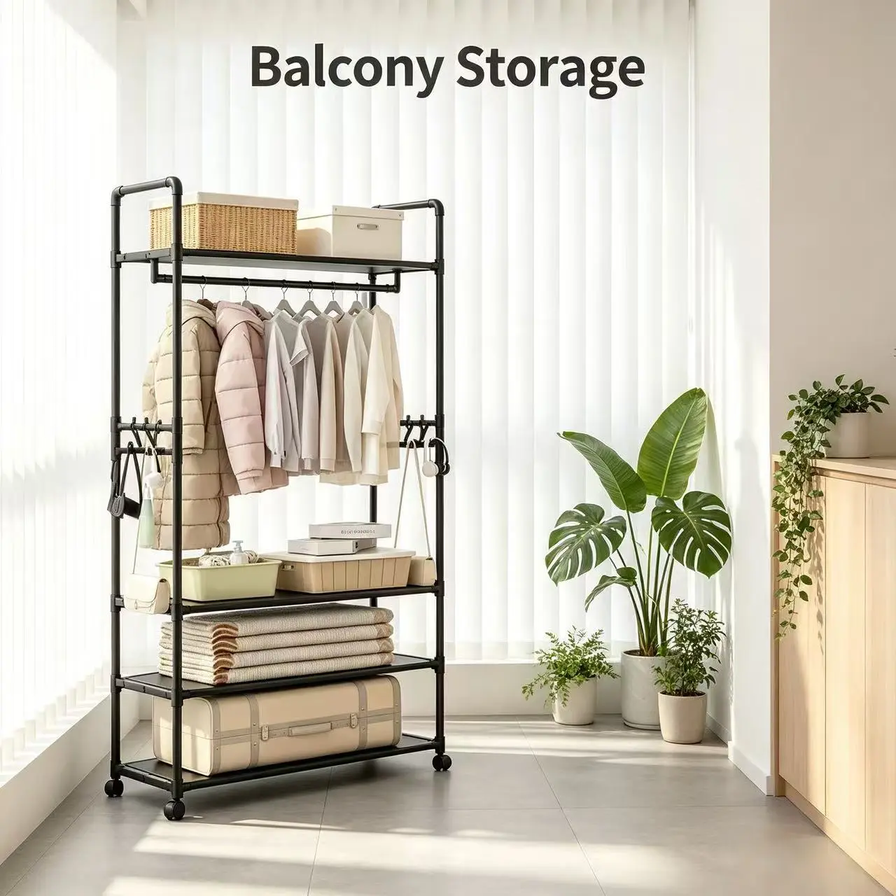 4-Tier Rolling Metal Clothing Rack with Wheels, Freestanding Garment Rack with Hanging Rod & Side Hooks, Multifunctional Storage for Clothes, Shoes & Bags, Space Saving Open Wardrobe for Bedroom Entryway, Black & White Options, Minimalist, Organiser