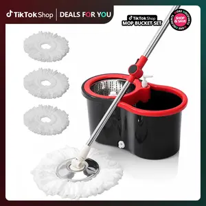 Spin Mop Bucket with Wringer Set Operable 360° Rotating Mop Bucket Set with 3 Microfiber Replacement Heads Stainless Steel 49 Inch Adjustable Handle Household Cleaning Tools Black Plastic