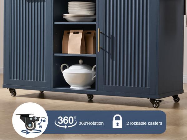 PieDle 57" Multifunctional Rolling Kitchen Island with Trash Can Storage, Power Outlet & Drop Leaf, Open Shelves, Large Islands Cart on Wheels with 3 Drawers, 5-Wheel Mobile Island Table for Kitchen