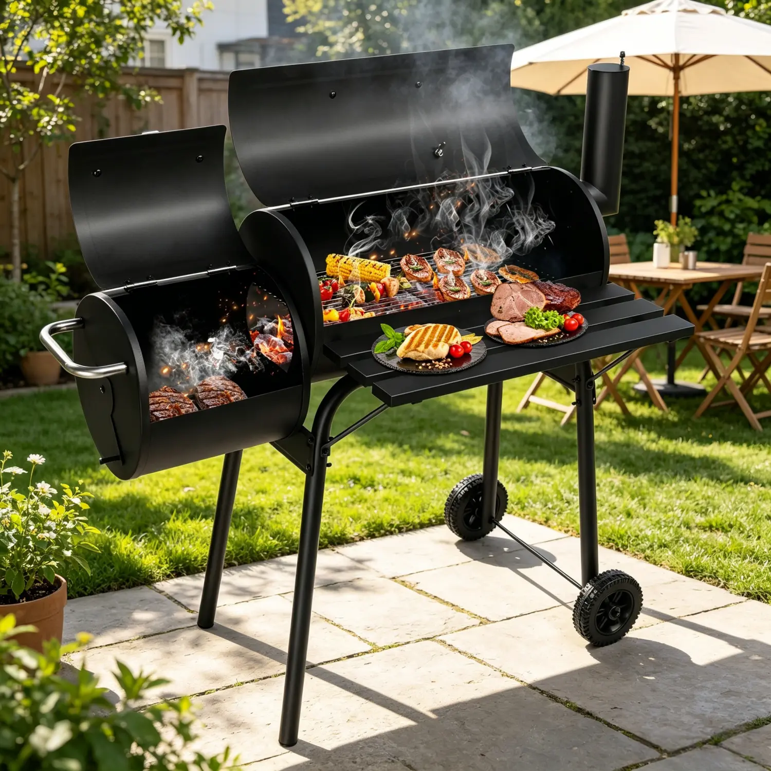 All-Metal Charcoal Combo Grill with Offset Steel Charcoal Smoker, Large Outdoor Combination Barbecue-Smokers with Side Table & Wheels for Backyard Outdoor Cooking Barbecue, Dealsforyoudays