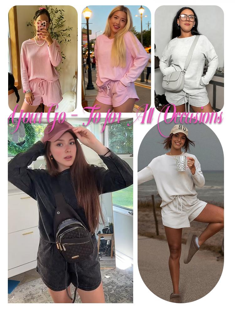 AUTOMET Vintage Waffle 2 PIECE SET WOMEN Lounge Long Sleeve Tops Fitted with Crew Neck & Relaxed Sweatshorts Fallreshness