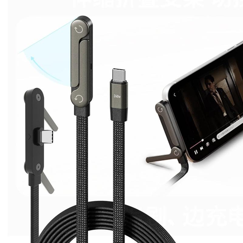 240W Fast Charging Cable Type C 5 FT, Invisible Stand Charging Cable, Flat 30 W Lightning Cable,65 W Type A Cable Right Angle，for iPhone 17 Series, Samsung Galaxy S25 S24 Ultra etc (BlacK)