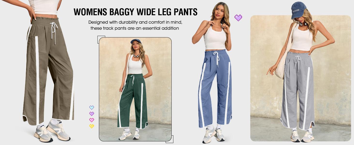 SCUSTY Women's Baggy Wide Leg Pants Casual Drawstring Elastic Waisted Contrast Color Workout Y2K Track Pants High Waist Lightweight Polyamide Fabric