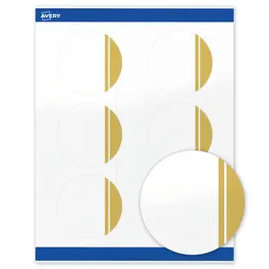 Avery Printable Round Labels, Gold Double-Dipped Edge, 3" Diameter, Glossy White Round Labels, Permanent, Laser/Inkjet, 60ct, Great for Product Labels