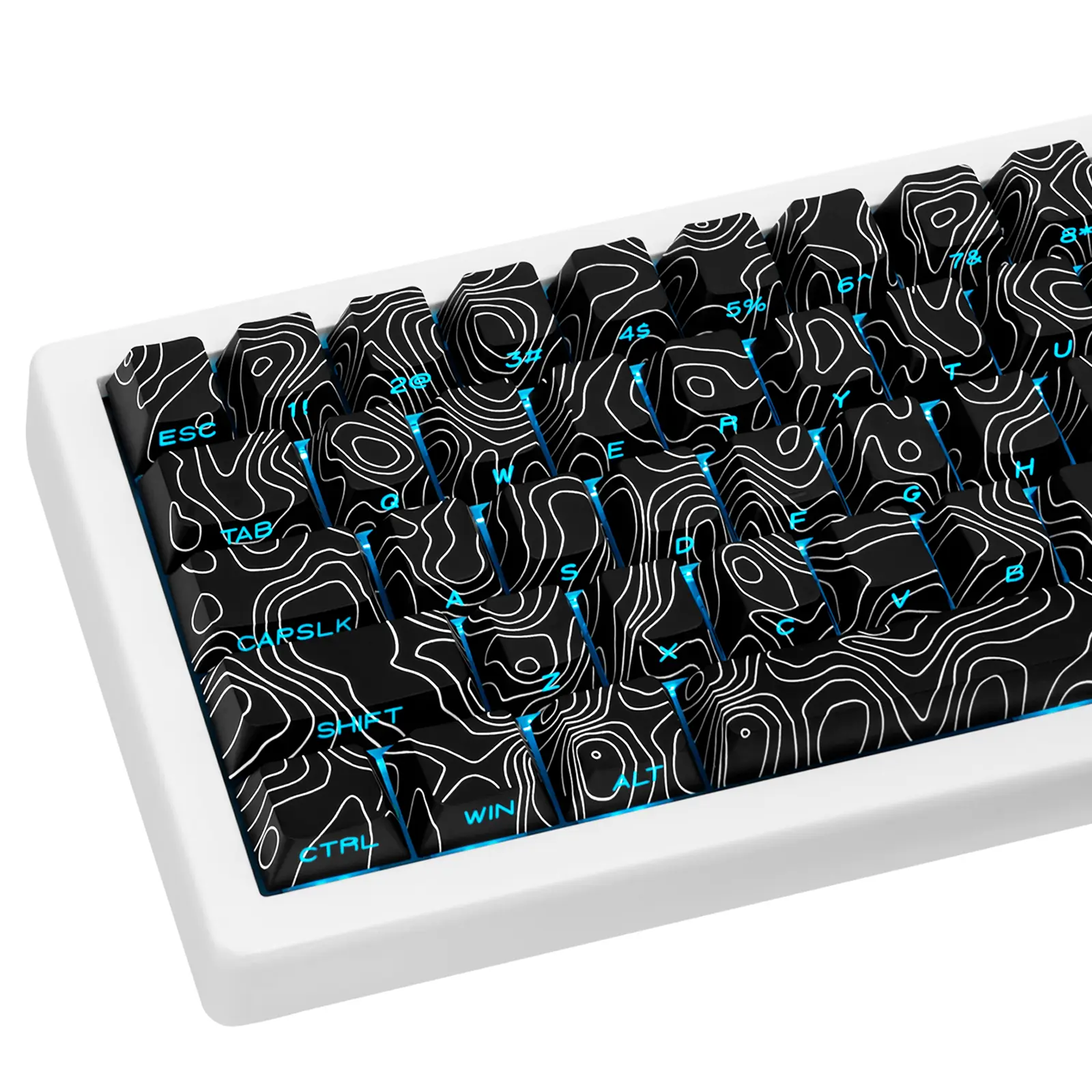131-Key Black Topographic PBT Keycaps, Cherry Profile Side Printed Shine Through Dye Sublimation Custom Keycaps Compatible with All MX Switches Only Keycaps
