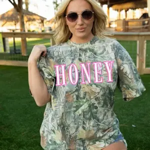 Oversized GREEN Camo T-shirt with Hot Pink 'MAMA' 'TEXAS' 'HONEY' 'DARLIN'' Design for Women