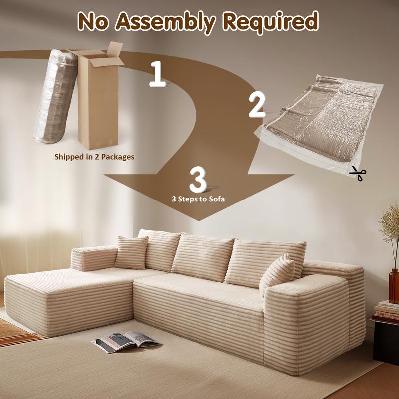 【3 Packages Shipping】Ovios 104" Modular Couch with Chaise and 49'' Boneless Chaise Lounge - L-Shaped Sectional Sofa Set with Flexible Configuration, Plush Corduroy Cloud Velvet Fabric,No Assembly Required, 5 Seater