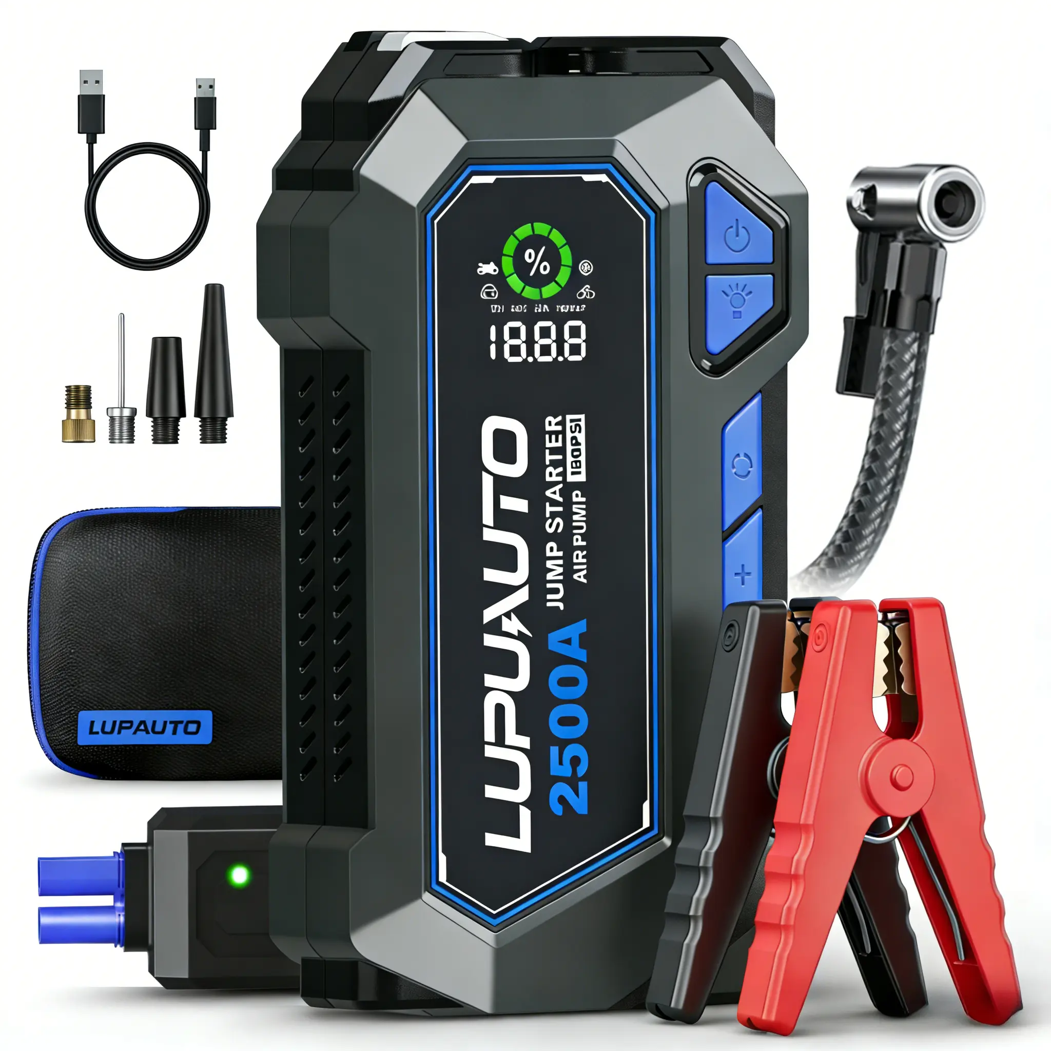 LUPUAUTO 12V Lightweight Portable Car Battery Booster Jump Starter, 150PSI Cordless Tire Inflator, LED Light, Type-C Fast Charging, USB Port, Automotive Tools for Daily Use Car Accessories
