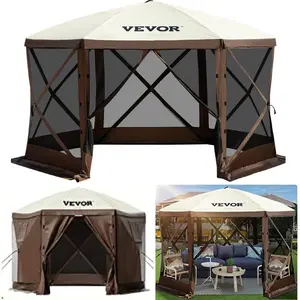Camping Gazebo Screen Tent, 12*12ft, 6 Sided Pop-up Canopy Shelter Tent with Mesh Windows, Portable Carry Bag, Stakes, Large Shade Tents for Outdoor Camping, Lawn and Backyard, Brown/Beige