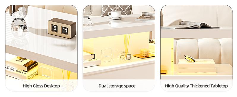 Dragosum Contemporary Coffee Tables for Living Room, LED Coffee Table with Rounded Corner in 16 Colors, High Gloss 2 Tiers Table with Hidden Power Supply