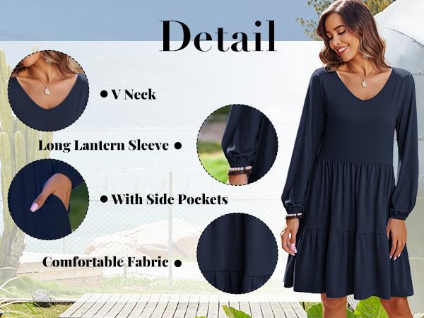 Women‘s Casual Tunic Dress V Neck Tiered Dress Long Sleeve Fit Swing Shift Dress with Pockets Loose Ruffled Dresses