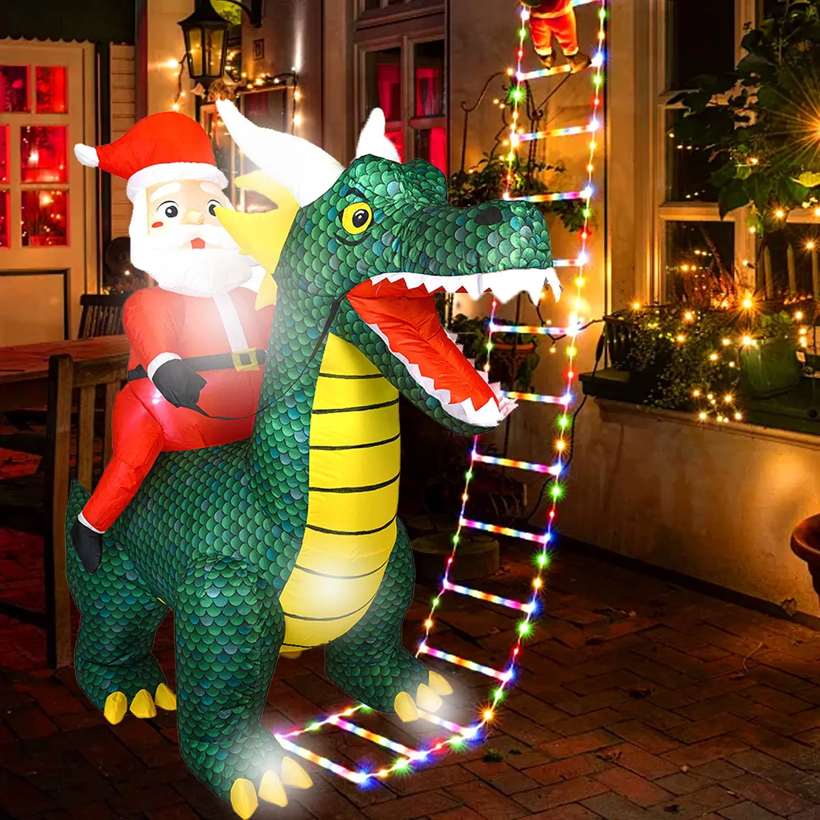 6 ft LED-Lit Santa Claus Riding Dinosaur Christmas Inflatable Set, Outdoor Holiday Yard Decor for Patio, Lawn, Xmas Party & Indoor Home Supplies