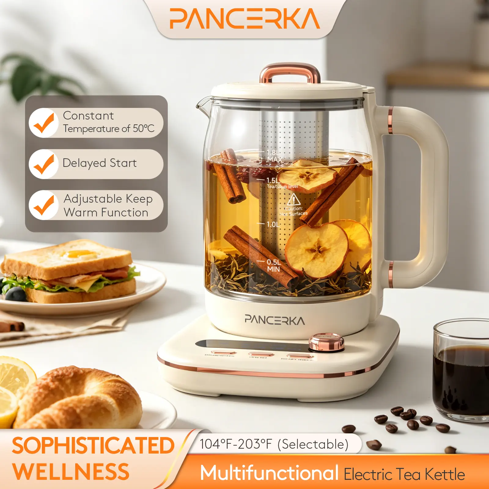 PANCERKA Temperature Controlled Electric Kettle, 10-in-1 Multi-Function Tea Kettle, 1.8L Capacity, with Precise Dial Temperature Control, Built-in Tea Strainer, 48-Hour Keep-Warm Function, and Delayed-Start Feature. Ideal for Simmering, Coffee and Tea