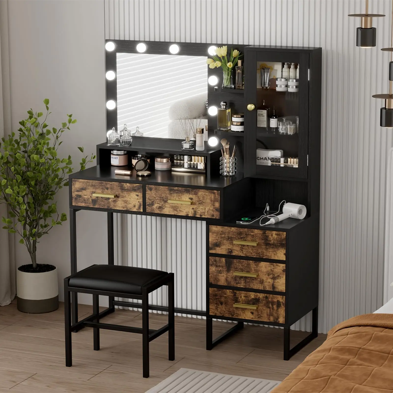 Garvee Makeup Vanity with Adjustable Lights in 3 Colors, Featuring a Large Mirror, Charging Station with 2 USB Ports and Outlets, Spacious Drawers and Shelves, Rustic Brown and Black Vanity Table