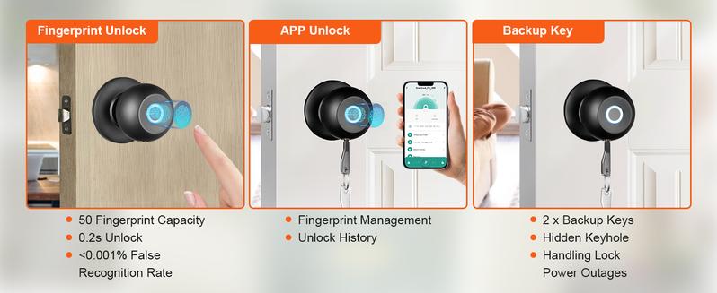 VEVOR Smart Door Knob, TikTokShopBlackFriday, Biometric Door Lock Bluetooth Smart Lock, Fingerprint Smart Lock with APP Control, Easy Installation Door Lock, for Home Bedrooms, Cloakroom, Hotels, Apartments Offices