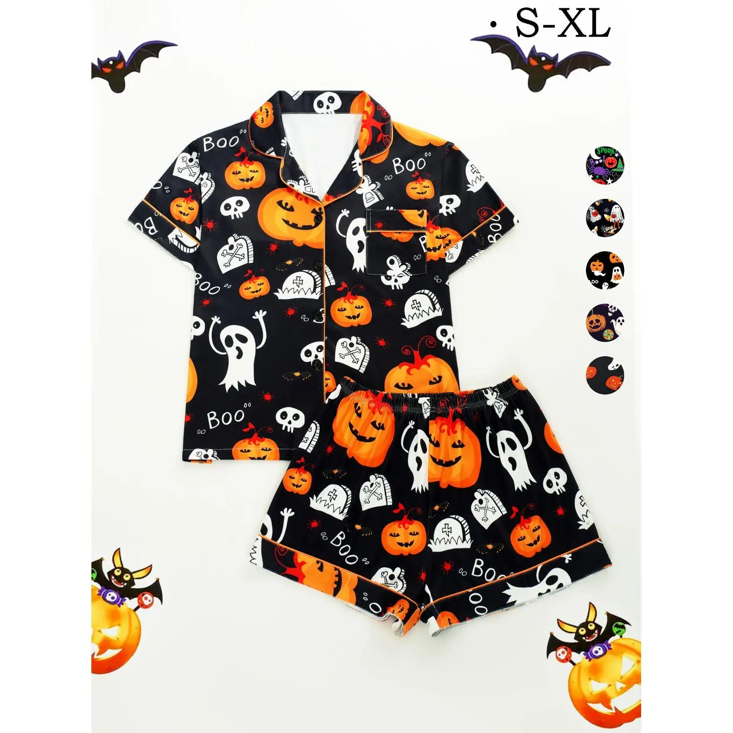 Women's 2-Piece Halloween Ghost & Pumpkin Print Pajama Set - Short-Sleeve Collared Top, Elastic Waistband Shorts, Lightweight Stretchy Nightwear & Loungewear, Two Piece Set