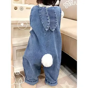 Adorable Youngsters' Light Blue Denim Overalls with Rabbit Ear Details - Casual, Loose Fit for Spring & Autumn, Machine Washable, Perfect for Outdoor