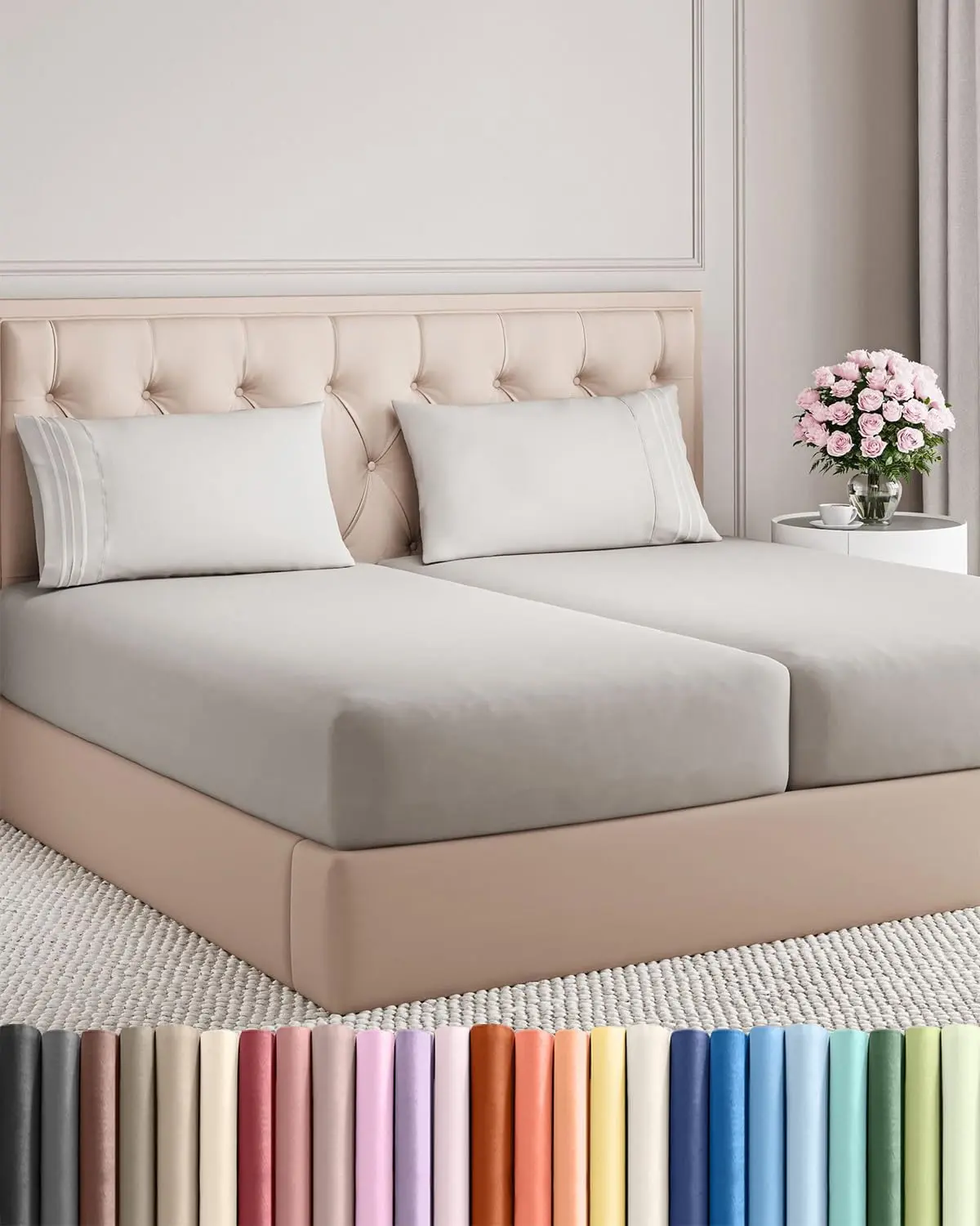 5-Piece Split King Size 100% Polyester Sheet Set - Oeko-Tex Certified French Grey Hotel Luxury Sheets, Super Soft, Breathable, Cooling, Deep Pockets, Easy Fit, Wrinkle Free, Machine Wash Separately, Non-Chlorine Bleach, Tumble Dry on Low Heat
