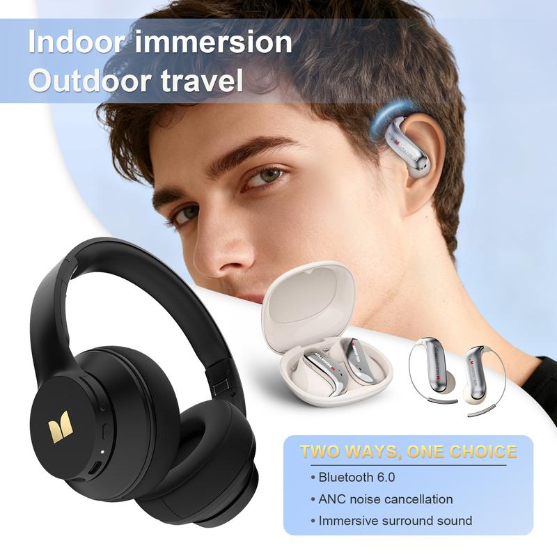 Monster Bluetooth Headphones Set – Includes Over-Ear Wireless Headphones and Ear Buds Ear-Hook Earphones, Deep Bass, Clear Sound, Noise Cancelling Mic, Noise Isolation, IPX5 Waterproof, 40H + 80H Playtime, Ideal for Travel, Work & Gifts for Men and Women