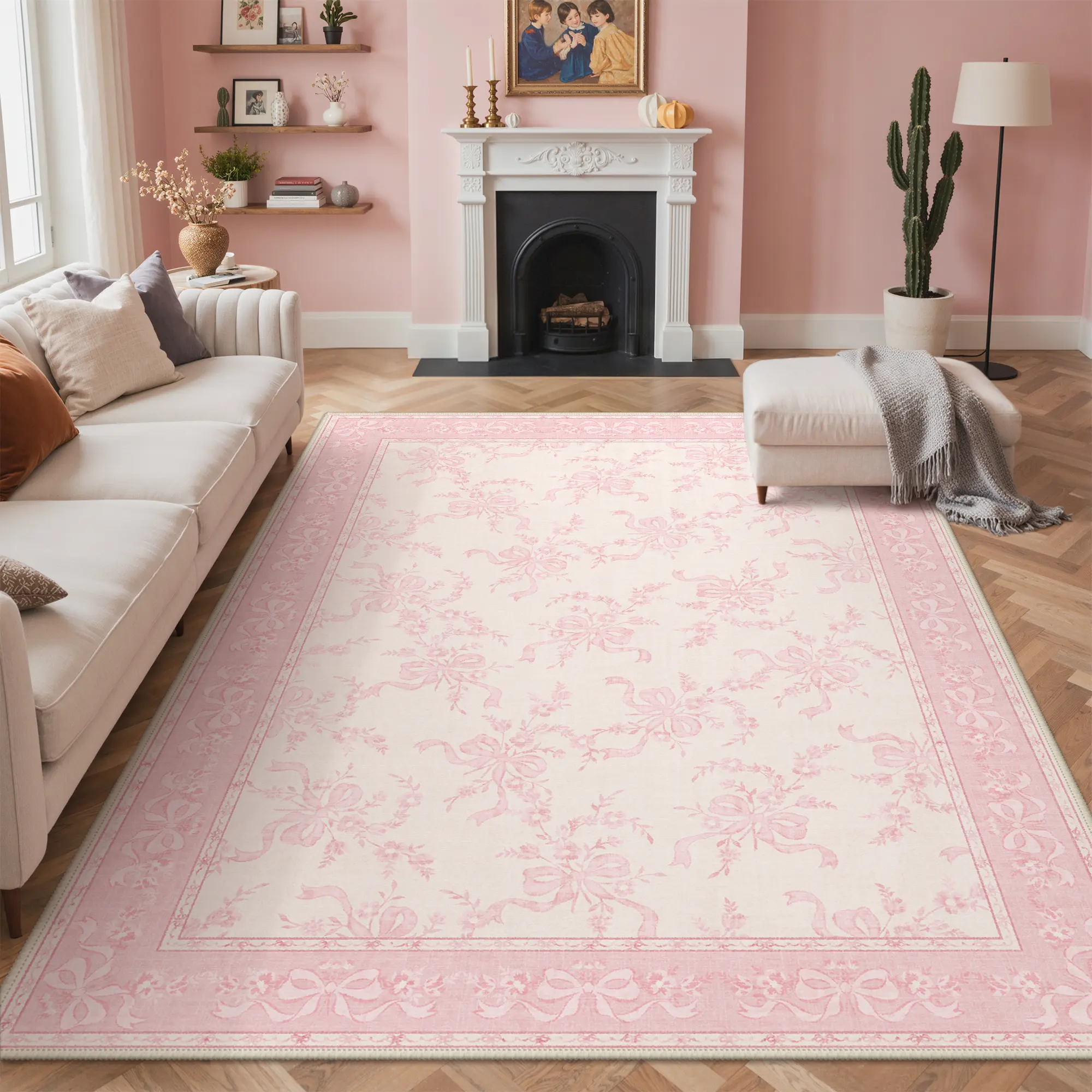 【Back To School】GENIMO Washable Rug Machine Washable Low Pile Lightweight Non Slip Area Rugs with Floral Bows for Girls Kids Room Playroom Living Room, Bedroom, Dining Room, Flower Bow Dusty Pink