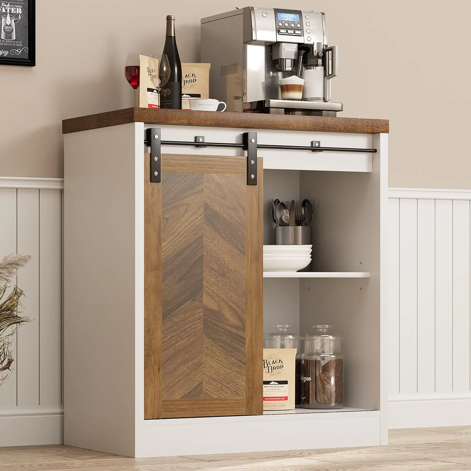[DealsForYouDays][Summerwins] HOMBCK Farmhouse Small Coffee Bar Cabinet with Storage, White Coffee Bar Table with Sliding Barn Door, Adjustable Shelves, Bar Cabinet for Kitchen, Dining Living Room, 1 Pack summer garden,fathers day gift ideas
