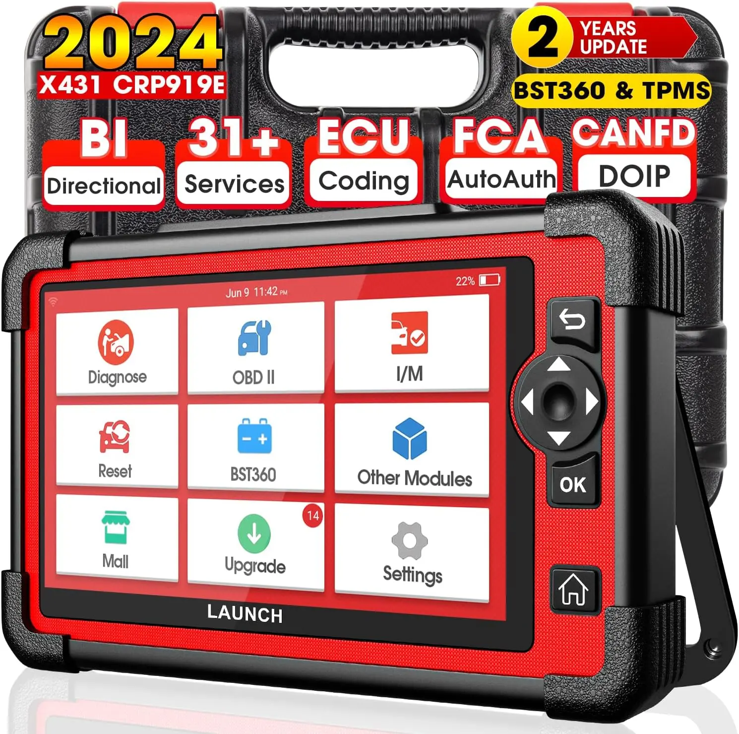 LAUNCH CRP 919E OBD2 Car Repair Diagnostic Scanner, 2026 Bidirectional Tool with CANFD, DoIP, ECU Coding, 35+ Services, All-System Diagnosis, FCA Autoauth, BST360, TPMS, Crank Relearn