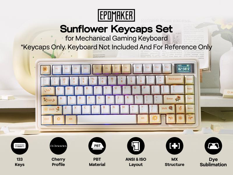 EPOMAKER Sunflower PBT Keycaps, 133 Keys, Cherry Profile, Dye Sublimation, ISO/ANSI Layout, 60%/75%/96%/Full Size, Custom Keyboard Keycaps Set for Mechanical Gaming Keyboard