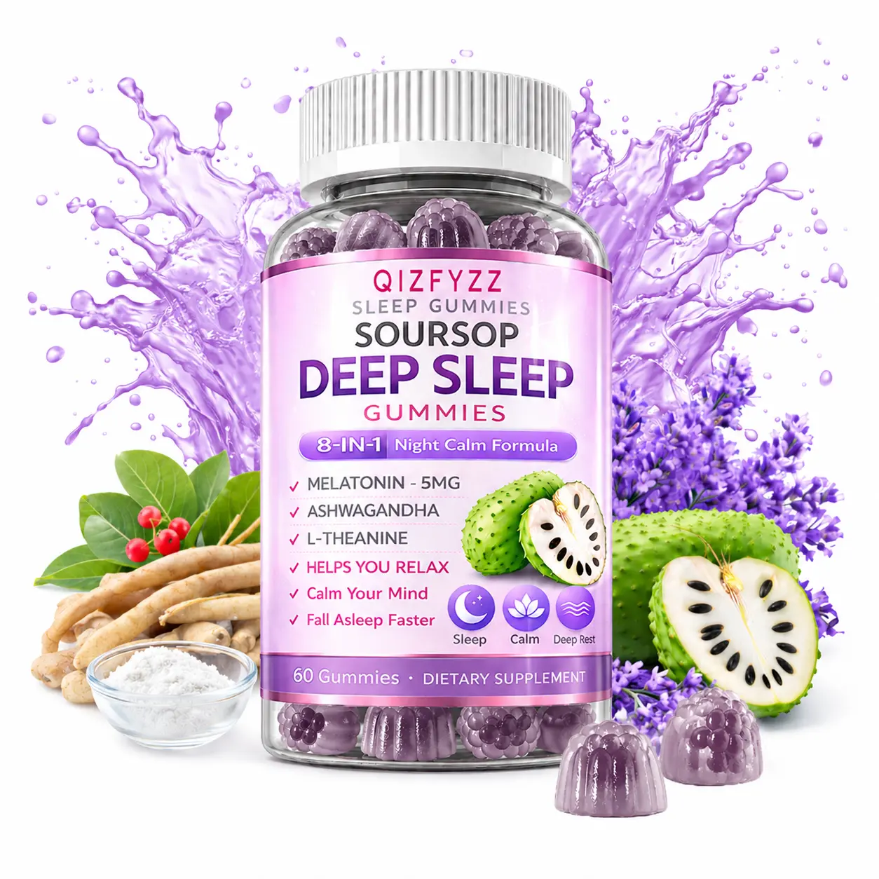 'summervibes QIZFYZZ 8-in-1 Soursop Bitters Deep Sleep Gummies with Melatonin, Ashwagandha, L-Theanine & Herbal Blend | Night Calm Formula | Vegan, Non-GMO Sleep Support | 60 Gummies